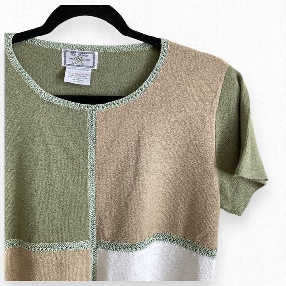 Vintage 90's T-Shirt Top Green White Beige Crochet Boho Grandma - Picture 4 of 8